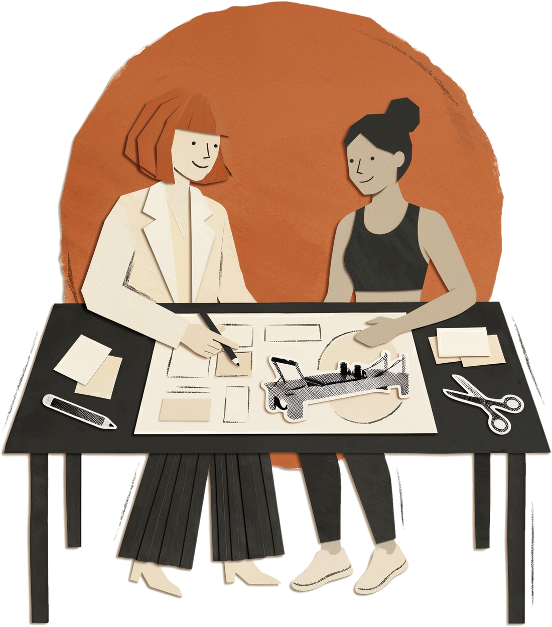 Ilustración en collage de papel: una creativa de IArtesan revisa una propuesta con la dueña de un estudio de pilates